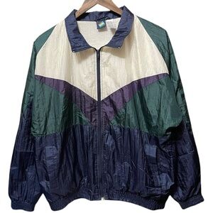 vintage 80s 90s color blocked purple green navy cream zip up windbreaker jacket